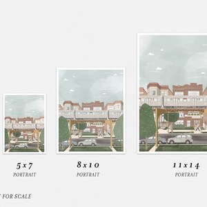 May include: Three different sizes of a print featuring a colorful illustration of a city street with a train track overhead. The print is available in 5x7 inches, 8x10 inches, and 11x14 inches.