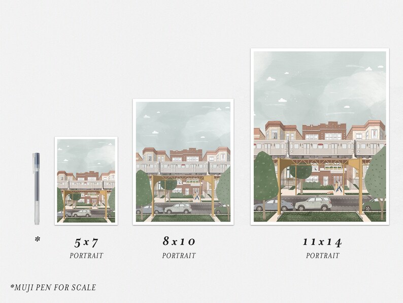 May include: Three different sizes of a print featuring a colorful illustration of a city street with a train track overhead. The print is available in 5x7 inches, 8x10 inches, and 11x14 inches.