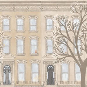 May include: A drawing of a row of three beige townhouses with windows and doors. The townhouses are framed by a large tree with white blossoms.