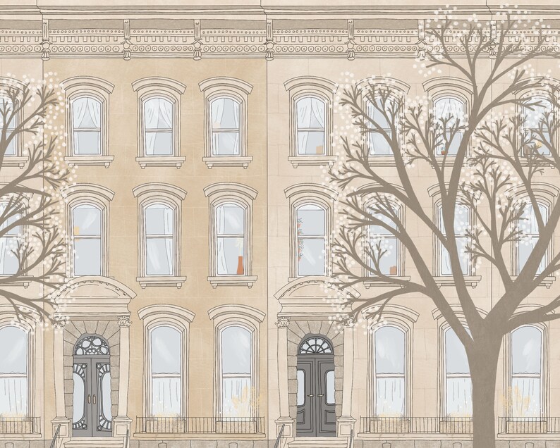 May include: A drawing of a row of three beige townhouses with windows and doors. The townhouses are framed by a large tree with white blossoms.