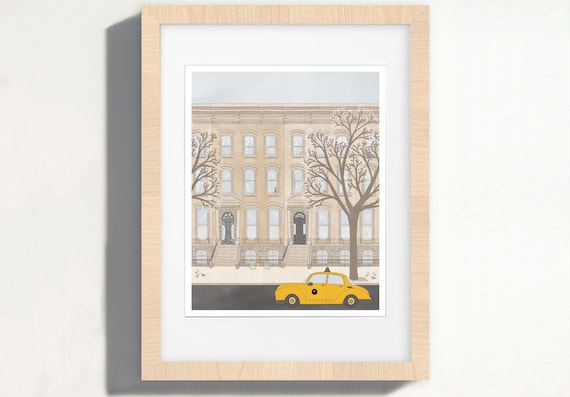 Art Print New York | Brownstone Architecture | City Home Decor | Travel Wall Art | 8x10 Illustration | Cityscape Drawing | New York Taxi