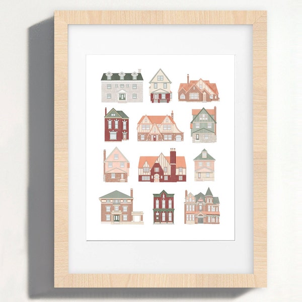 Little Houses Print | Fine Art Piece | Cute Neighborhood | American Architecture | Home Illustration | Colorful 8x10 | Illustrated Poster