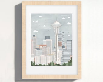 Puede incluir: Una ilustración enmarcada del horizonte de Seattle con la Space Needle como punto focal. La ilustración está realizada en un estilo minimalista con colores apagados y líneas simples. El fondo es azul claro con nubes blancas.