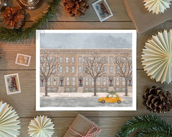 May include: A watercolor painting of a row of brownstone buildings with snow falling. The buildings have windows and doors, and there are trees in front of them. A yellow car with a Christmas tree on top is driving down the street.