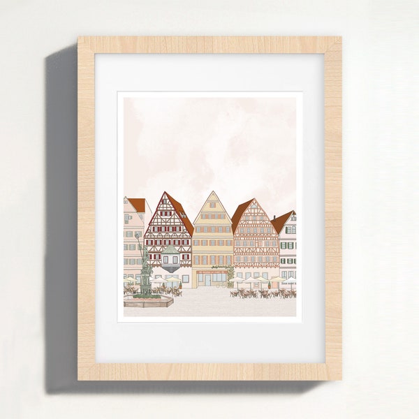 Old Town Germany | 8x10 Wall Art | Half-Timbered Houses | Europe Illustration | Travel Decor | Architectural Print | Germany Souvenir