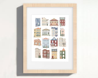 May include: A digital illustration of 18 different house facades in various colors and styles. The houses are arranged in a grid pattern on a white background.
