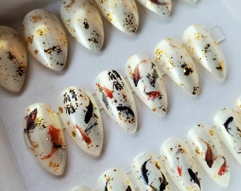 Koi Fish Press On Nails, Gold Flakes, Japanese Design