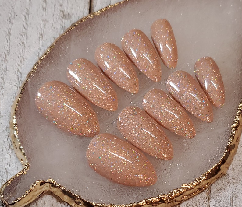 Sparkling Nude fake nails, press on nails, false nails, faux nails. Holographic nude, beige nails. Birthday suit. Bridal nails.Gloss finish. image 2