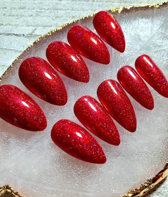 Press-on Nails / Red Set of Glue on Nails With Rhinestones / Fake Nails /  Red False Nails With Nail Gems / Shiny Nails With Red Glitter 