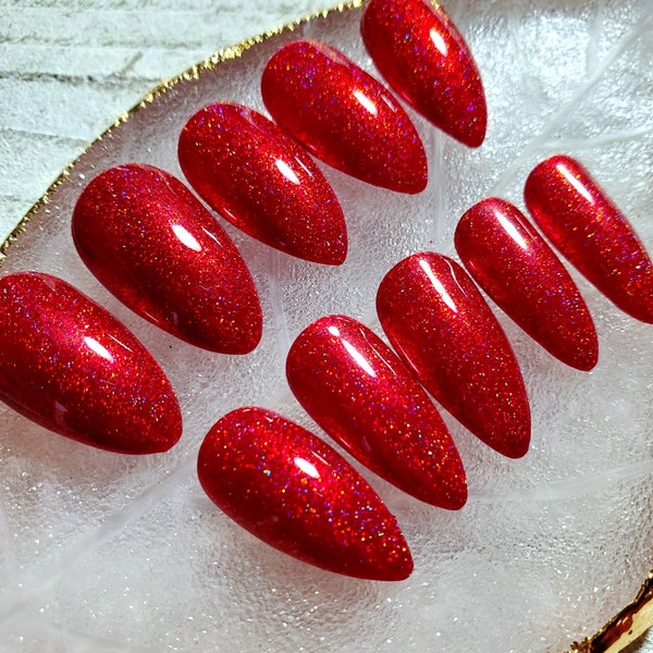 Red Holographic fake nails, press on nails, false nails, faux nails. Red Holo, Holographic red, shimmer red, red sparkle. Glossy finish.