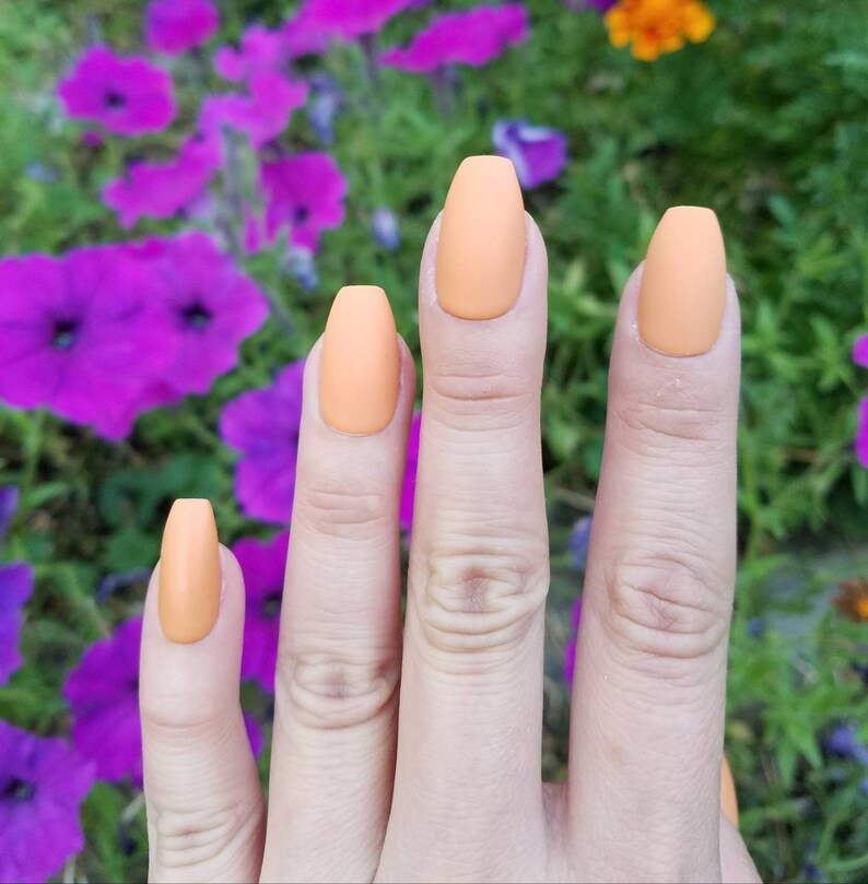Pumpkin Color Nails Short Coffin Shape Fake Nails Press On Etsy