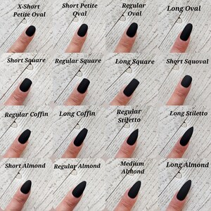 May include: A guide showcasing various black nail shapes, including X-Short Petite Oval, Short Petite Oval, Regular Oval, Long Oval, Short Square, Regular Square, Long Square, Short Squoval, Regular Coffin, Long Coffin, Regular Stiletto, Long Stiletto, Short Almond, Regular Almond, Medium Almond, and Long Almond.