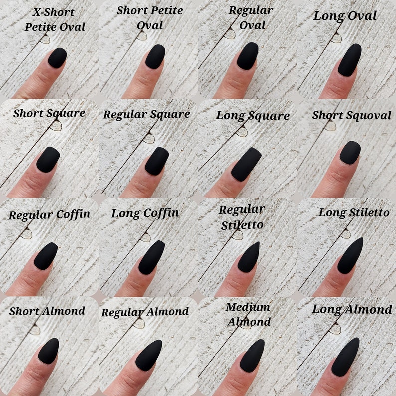 May include: A guide showcasing various black nail shapes, including X-Short Petite Oval, Short Petite Oval, Regular Oval, Long Oval, Short Square, Regular Square, Long Square, Short Squoval, Regular Coffin, Long Coffin, Regular Stiletto, Long Stiletto, Short Almond, Regular Almond, Medium Almond, and Long Almond.