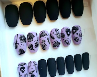 Witch Vibe Press On Nails - Purple & Black Gothic Coffin Nails