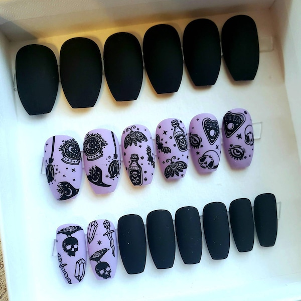Full Set - Witch Vibe Purple and Black Press On Nails • Handmade Reusable Fake Nails • Gothic Design • Halloween Witch Nails • Coffin Nails
