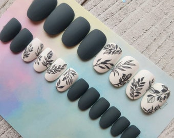 Dark Gray Press on Nails with gray leaves. Fake nails, false nails, faux nails. Gray nails, spring nails, fall nails, boho style, minimalist