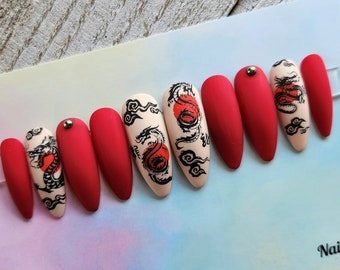 Dragons Full Set fake nails. Handmade Reusable Press on nails • False nails • Faux nails. Chinese|Japanese dragon • Chinese New Year 2024