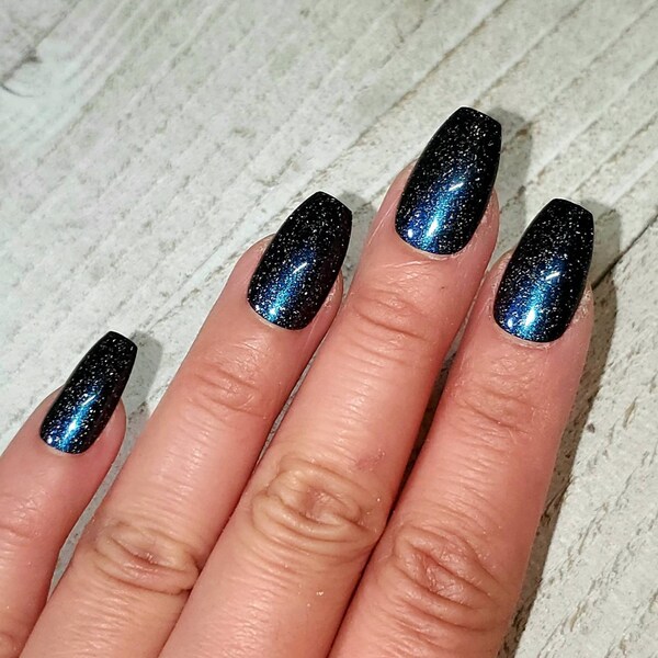 Salon Quality Deep Blue Galaxy Sparkle Press On nails. Fake|False nails|Faux nails. Blue holographic|Glitter. Square|Round|Oval|Almond|Short