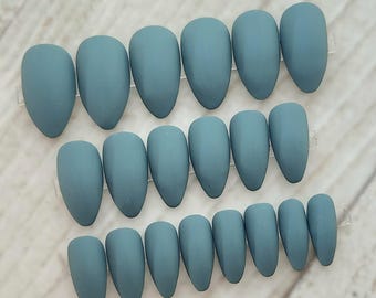 Dusty Blue Press On Nails • Handmade Reusable False Nails, Full Set