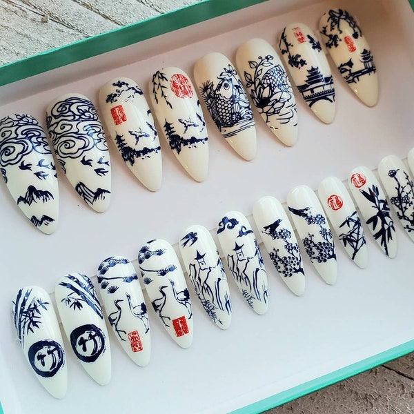 Chinese Porcelain nails, fake nails, press on nails. Chinese tea pot, China. White nails, blue nails. Glossy/Matte finish.