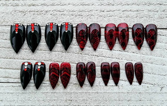 Black Lace Red Fake Nails Press on Nails Faux Nails. Black - Etsy