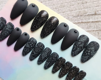 Gray/Black Gothic lace design press on nails. Fake|False|Faux nails. Black Ombre, black lace, witchy|goth designs. Reflective Black nails.