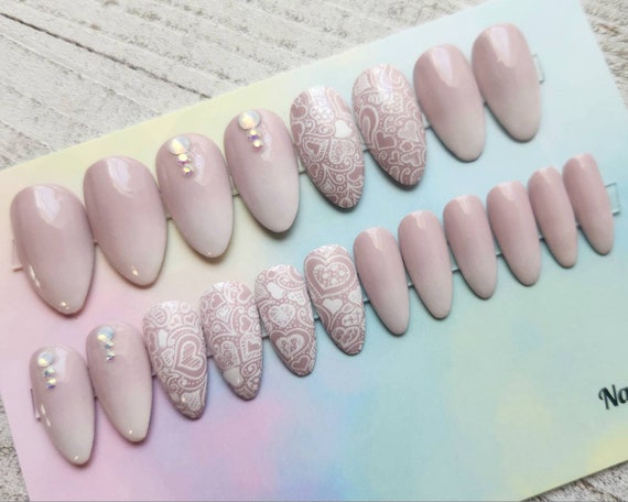 Soft Mauve Pink French Fade Fake Nails. Handmade Reusable Press on Nails  Heart Nails French Manicure Valentine's Day Nails With Gems 