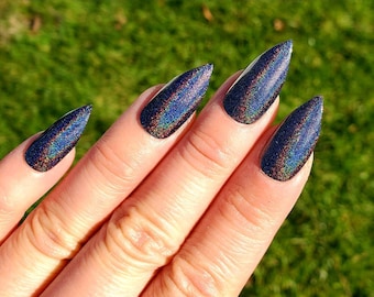 Black Holographic Fake Nails, With Gold Glitter Bottom(optional