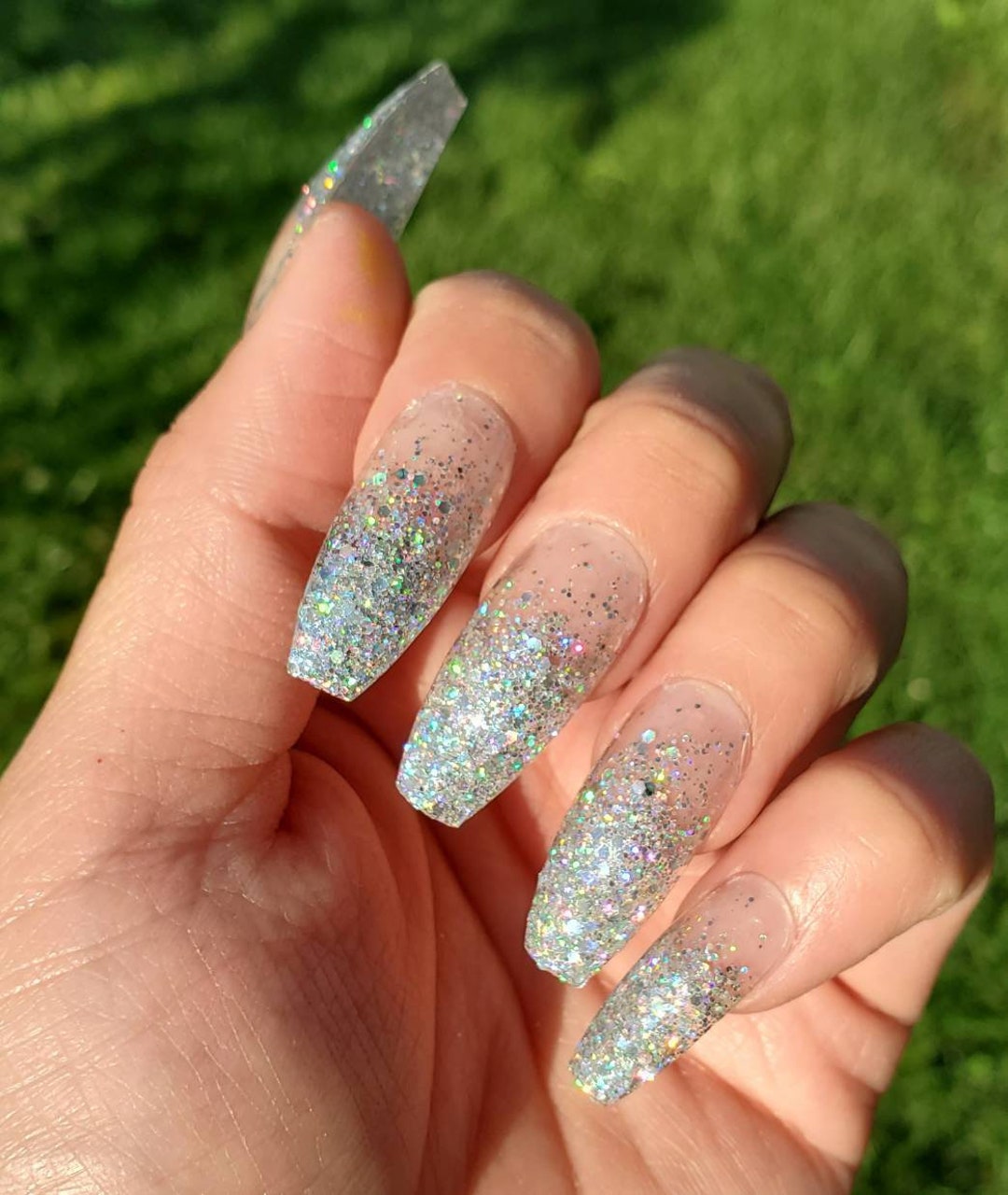 Full Set Holographic Silver Glitter Ombre French Tip Press on Nails.  Handmade Reusable Fake Nails Long Coffin Nails Stiletto Nails 