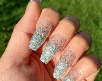 Full Set - Holographic Silver Glitter Ombre French Tip Press On Nails. Handmade Reusable Fake Nails • Long Coffin Nails • Stiletto Nails