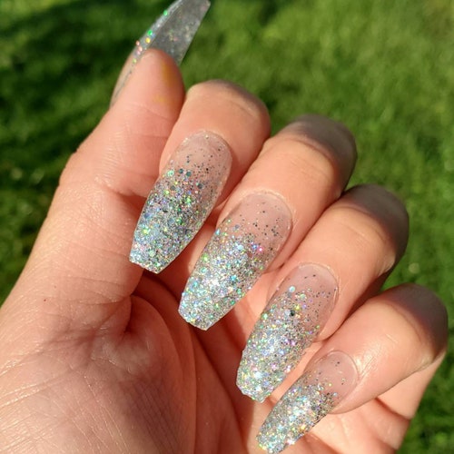 Silver Holographic Glitter Ombre Fake Nails Press on Nails - Etsy Silver Holographic Glitter Ombre Fake Nails Press on Nails - Etsy