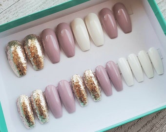 Handmade Mauve Coffin Press On Nails • Gold Glitter Accent