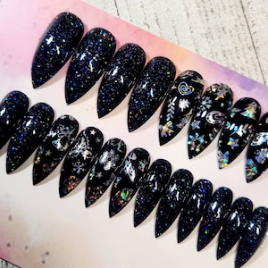 Full Set - Black and Silver Holographic Christmas Press On Nails • Fake, False, Faux Nails • HandMade Reusable • Classy Elegant Sparkle
