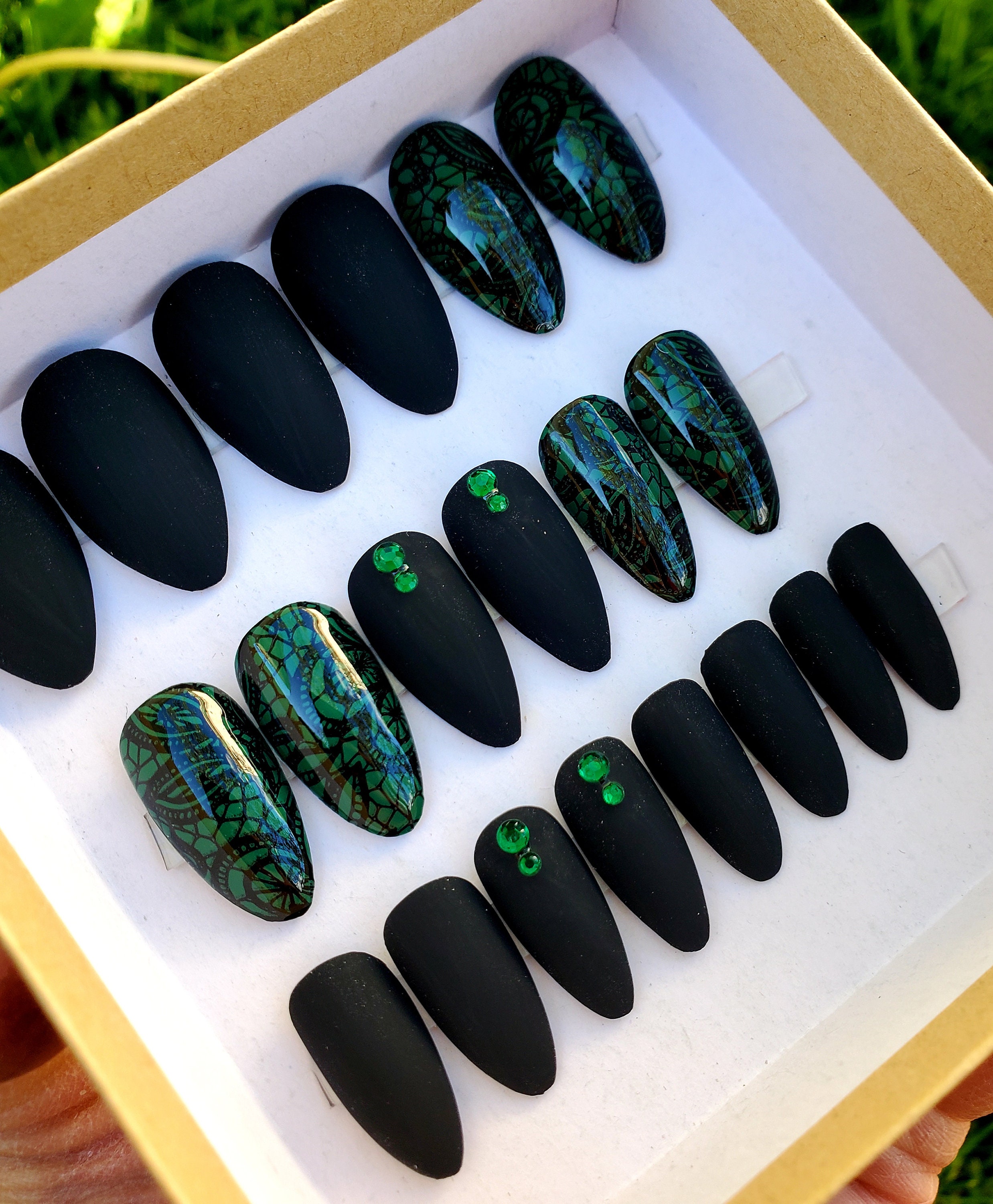 Black pink and green floral print wedding nails