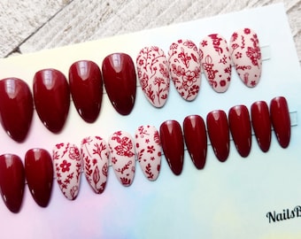 Deep Red Floral designs Press On Nails. Fake|False|Faux Nails. Red boho style, dark red, red nails. Summer|Spring|Fall nails.
