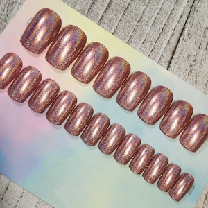 Holographic Rose Gold Full Set Press On Nails. Handmade Reusable Fake nails. Square Bling Nails • Wedding Nails • Birthday Party Nails
