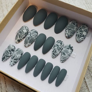 Full Set - White Floral Design on Dark Gray Fake Nails. Handmade Reusable Press on Nails • Faux Nails • Cute Spring Nails • Almond Nails