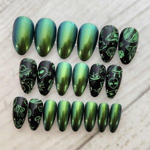 Full Set - Neon Green Space Alien Press On Nails. False|Fake|Faux Nails. Galaxy|Celestial|Sun and Moon|Stars|Milky Way. Chameleon Green.
