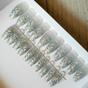 Silver Holographic Glitter Ombre Fake Nails Press on Nails - Etsy