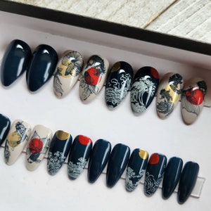 Japanese Ocean Waves|Koi Fish Press on Nails. Fake|False|Faux nails. Asian|Oriental designs. Kanagawa waves. Dark Blue|Gray|Red|Gold Nails.