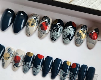 Japanese Ocean Waves|Koi Fish Press on Nails. Fake|False|Faux nails. Asian|Oriental designs. Kanagawa waves. Dark Blue|Gray|Red|Gold Nails.