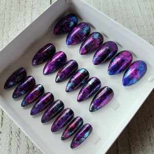Dark purple nails, long coffin shape. Fake nails, press on nails, nails with nail foil. Choice of matte or glossy finish.