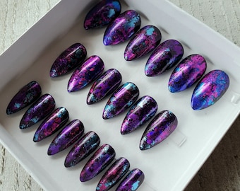 Dark purple nails, long coffin shape. Fake nails, press on nails, nails with nail foil. Choice of matte or glossy finish.