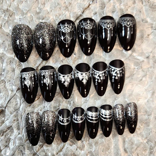 Gothic Victorian Press On Nails • Silver Glitter Ombre, Reusable False Nails