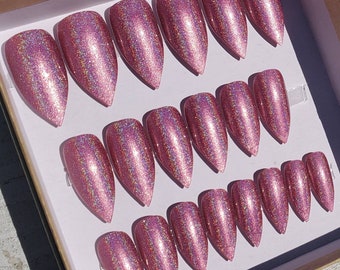 Raspberry Pink Holographic Fake Nails. Hand made Press on|False|Faux nails. Sparkly pink|Glitter. Gift for her|him|friends. Stiletto Nails.