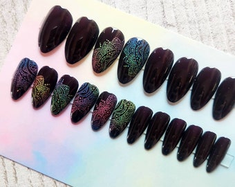 Rainbow Neon Mandala Press On Nails | Dark Burgundy, Henna Style