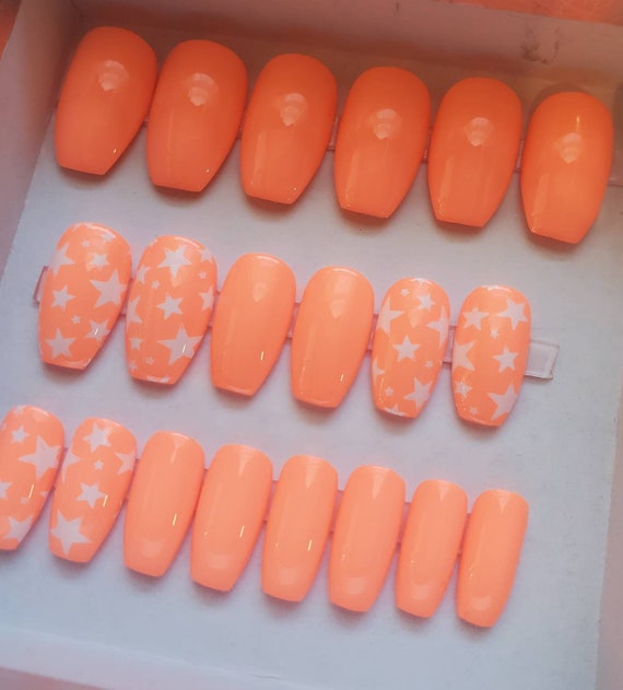 Neon Coral Peach Fake Nails With Stars Accent. Press on Nails - Etsy Neon Coral Peach Fake Nails With Stars Accent. Press on Nails - Etsy