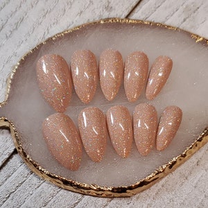 Sparkling Nude fake nails, press on nails, false nails, faux nails. Holographic nude, beige nails. Birthday suit. Bridal nails.Gloss finish. image 3