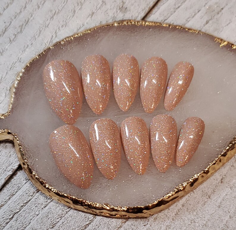 Sparkling Nude fake nails, press on nails, false nails, faux nails. Holographic nude, beige nails. Birthday suit. Bridal nails.Gloss finish. image 3