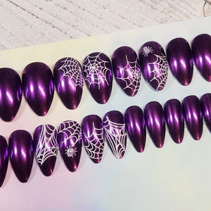 Full Set - Dark Purple Chrome Press On nails with Spider Webs. Fake|False|Faux Nails. Mirror Chrome, Spooky|Witchy|Goth|Halloween.